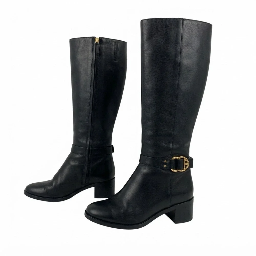 Tory Burch Black Leather Riding Boots Gold Buckle Tall Chic Equestrian 7.5 M